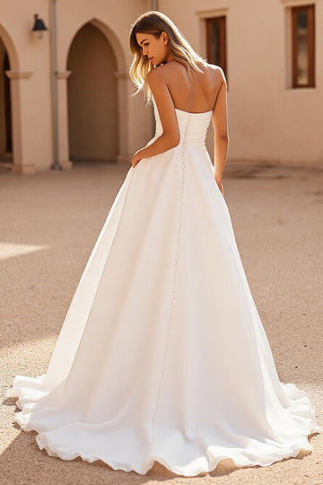 Ivory Strapless Ruched Chiffon A Line Wedding Dress with Slit
